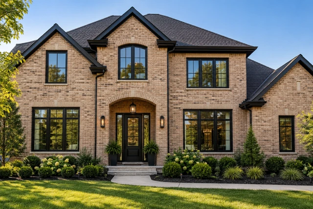 Two-story brick home with black-framed windows, an arched entry and a landscaped front yard